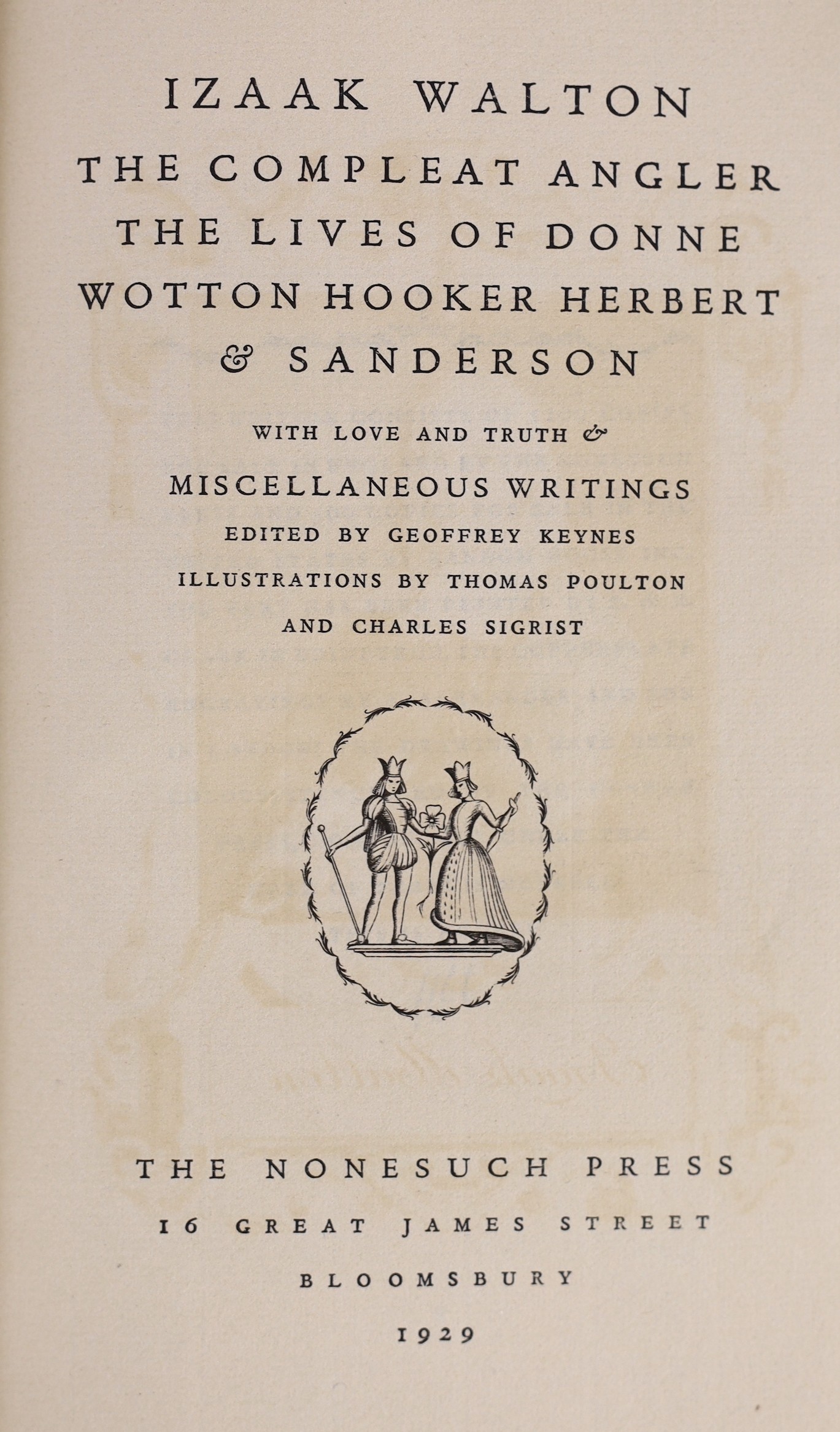 Nonesuch Press - London - Walton, Izaak - The Compleat Angler, one of 1600, 8vo, tan morocco, front board with gilt monograms ‘’I.W.’’ within an oval cartouche, 1929